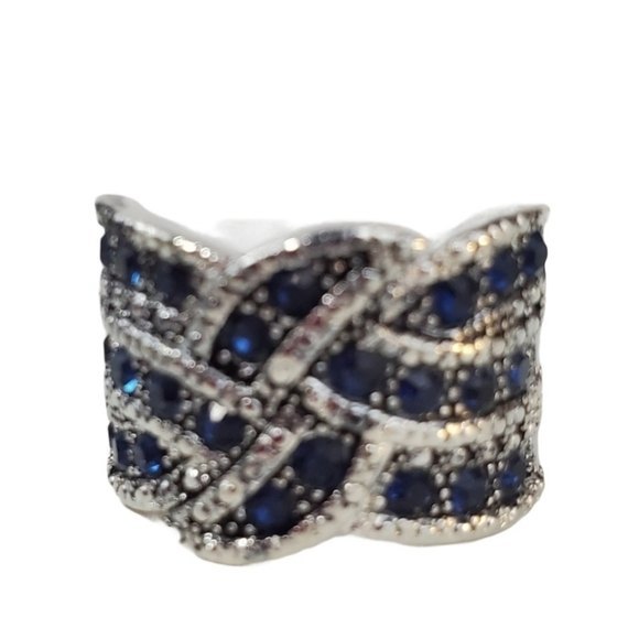 Silver Blue Wide Band Cocktail Ring Size 8 wave Silver Blue Stones - Picture 11 of 11